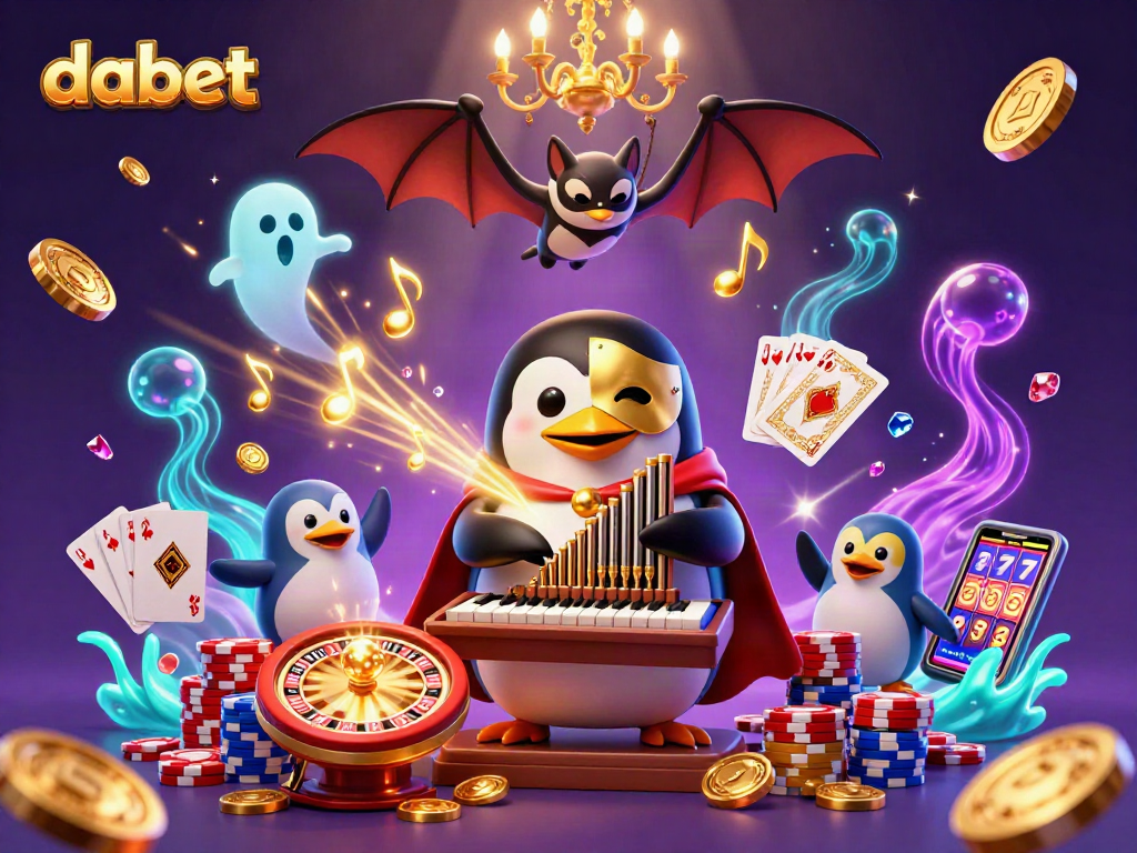 Experience dabet with a vibrant 3D scene filled with cascading coins, slot games, and lively casino action.