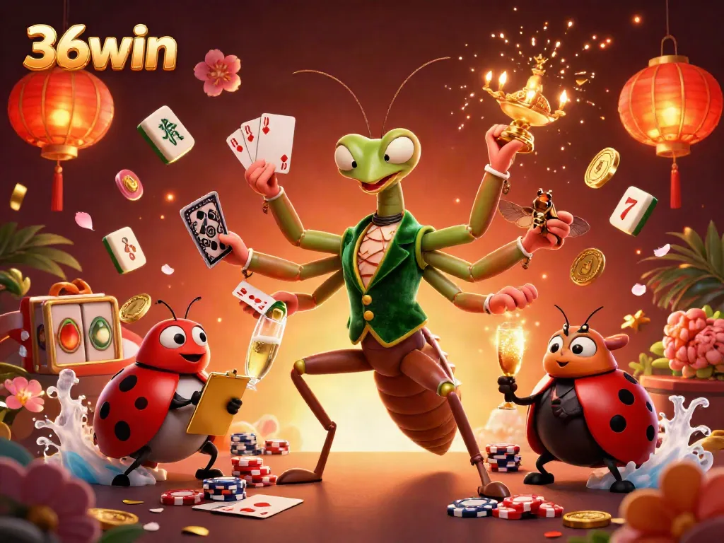 Experience the excitement of 36win with a lively casino scene featuring a giant mantis card sharp and ladybug pit boss.