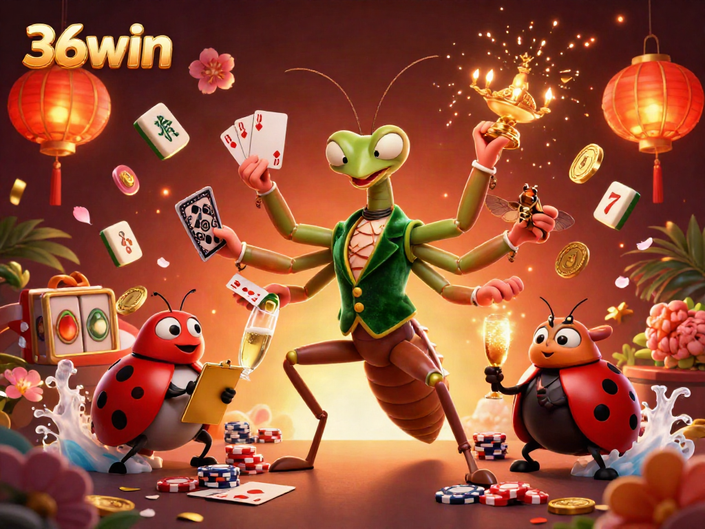 Experience the excitement of 36win with a lively casino scene featuring a giant mantis card sharp and ladybug pit boss.