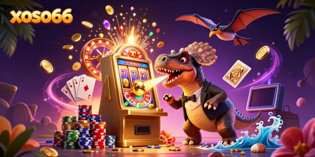 Engaging illustration of xoso66 featuring a pachycephalosaurus triggering a jackpot on a golden slot machine amidst flying coins.