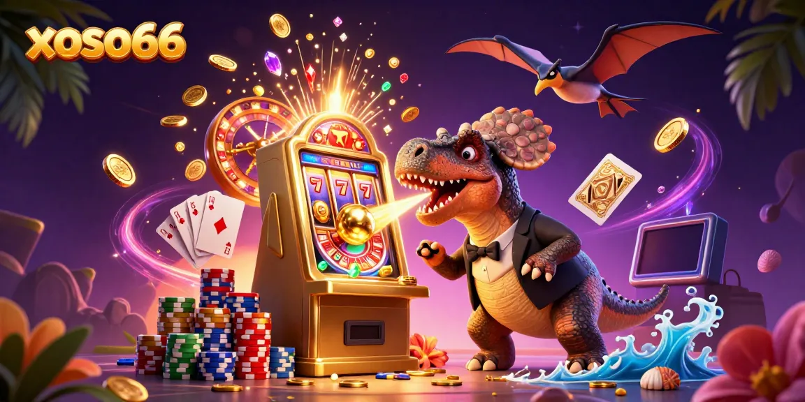 Engaging illustration of xoso66 featuring a pachycephalosaurus triggering a jackpot on a golden slot machine amidst flying coins.