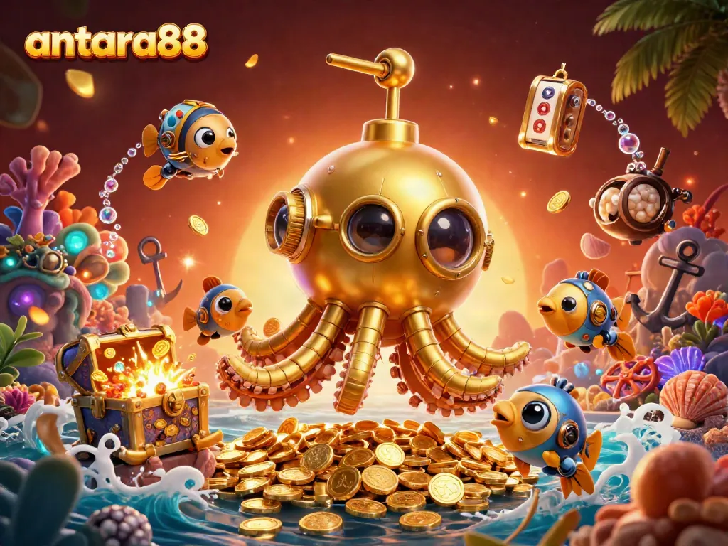 Experience thrilling gameplay with antara88's gold-covered kraken submarine amid a vibrant underwater adventure.