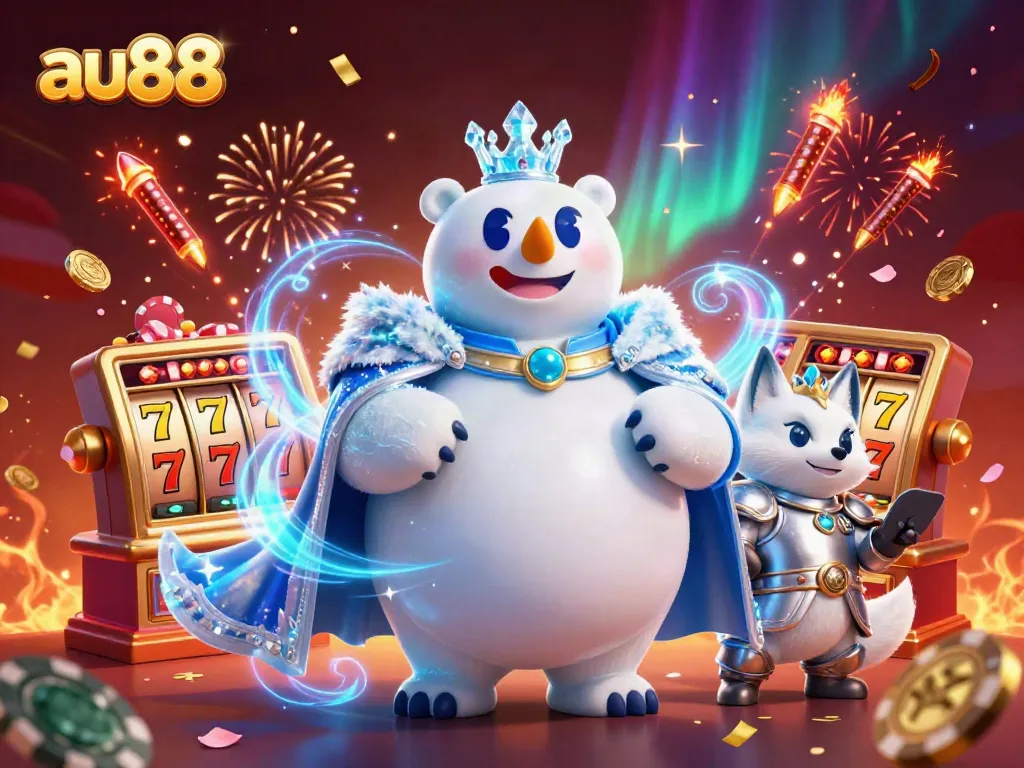 Engage in thrilling casino action with the 3D cartoon ice king and fox at au88, surrounded by slot reels and festive elements.