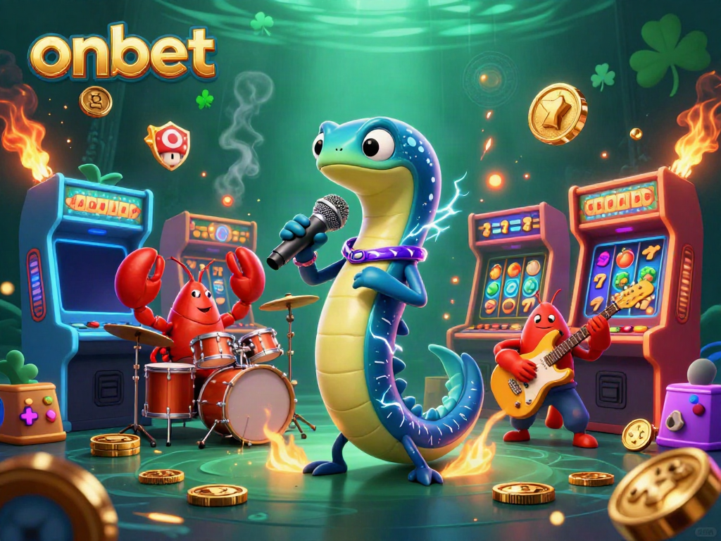Experience thrilling gameplay with ONBET at an underwater casino featuring electric eel DJ and vibrant game machines.