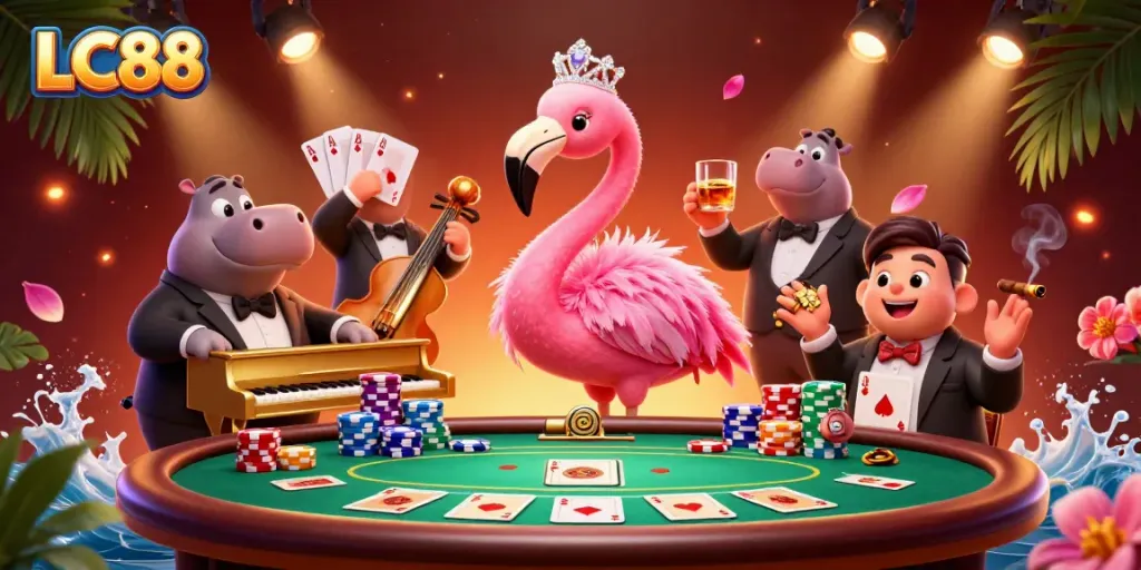 Experience the vibrant energy of LC88 with a dynamic casino scene featuring colorful gaming elements.