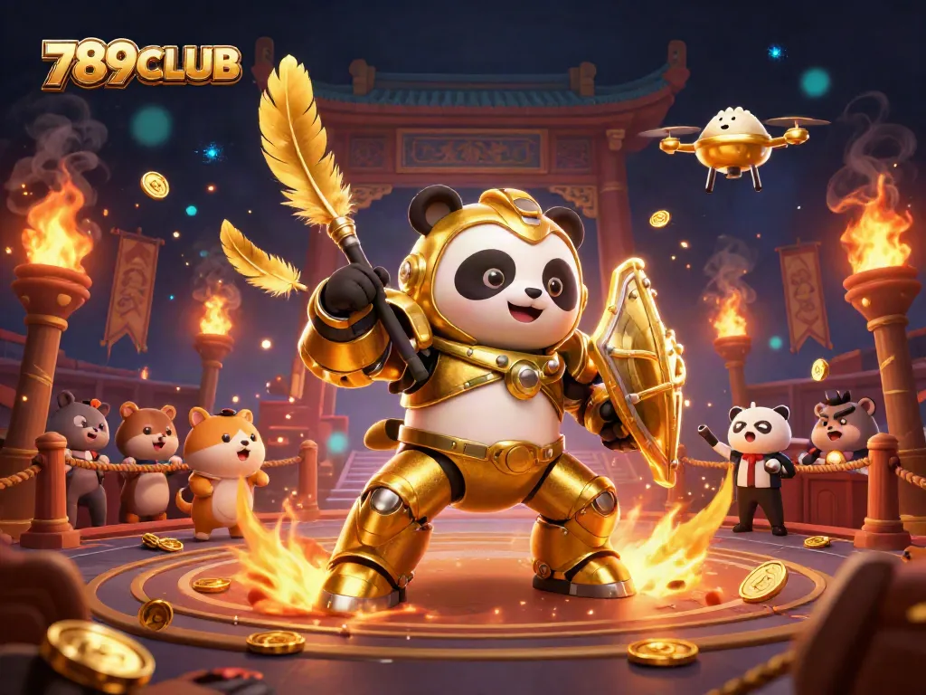 Action-packed scene of 789CLUB gaming with a golden panda in a bamboo robot, showcasing lively gambling elements.