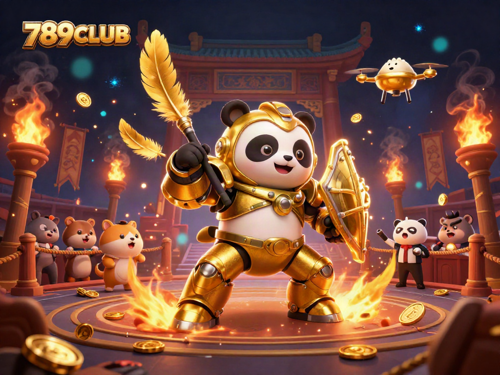 Action-packed scene of 789CLUB gaming with a golden panda in a bamboo robot, showcasing lively gambling elements.
