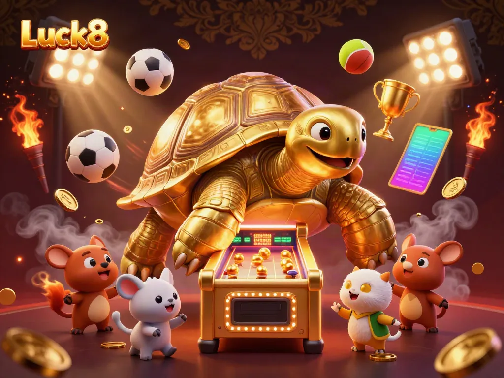 Experience engaging game action at Luck8 with a colossal golden tortoise and dynamic sports elements.