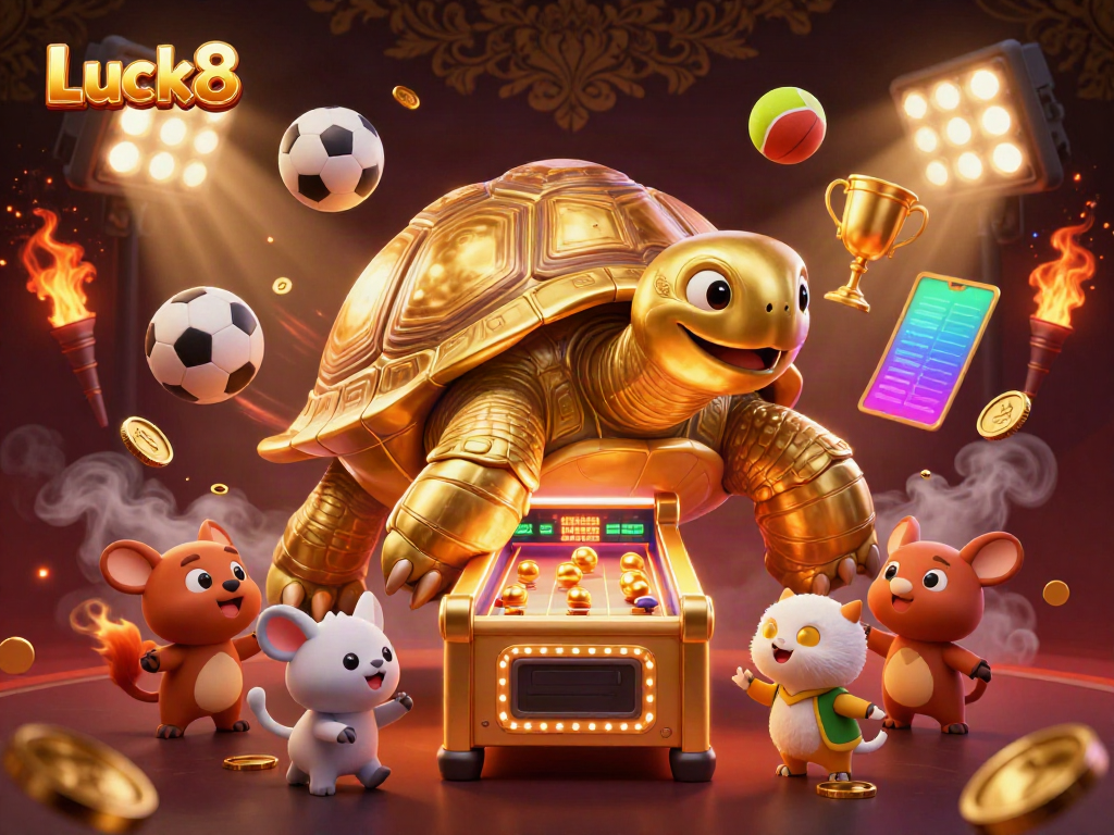 Experience engaging game action at Luck8 with a colossal golden tortoise and dynamic sports elements.