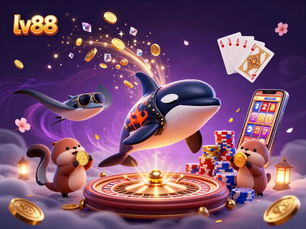Engage in thrilling gaming action at lv88 with orca, stingray, and sea otters amidst casino elements.