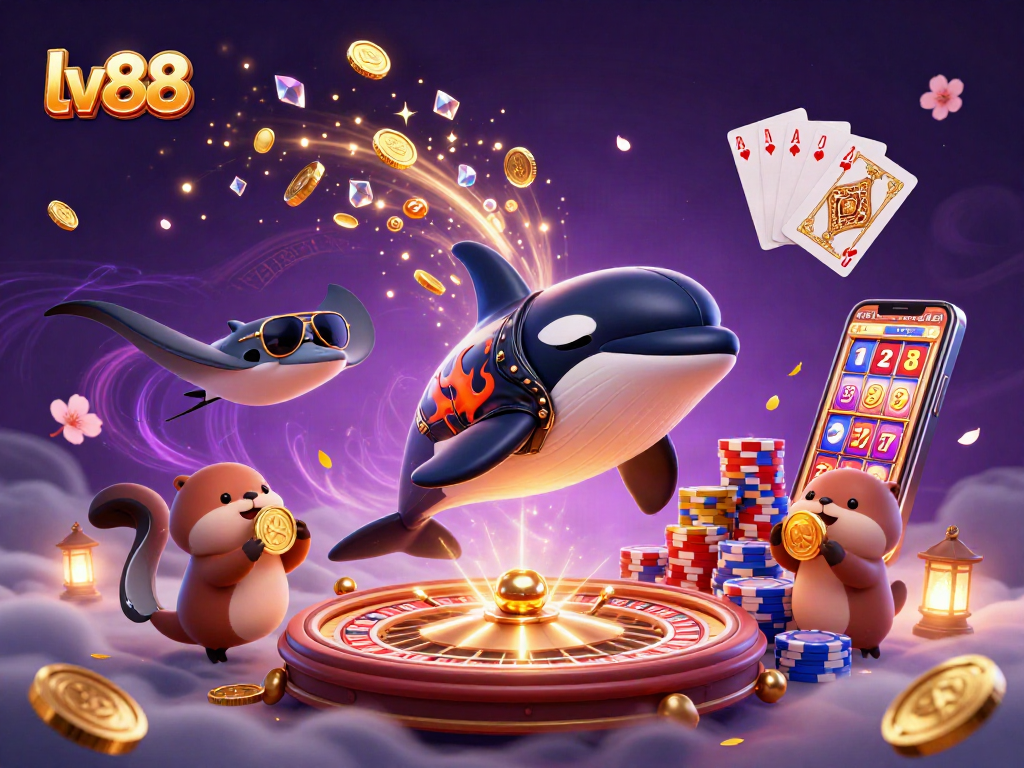 Engage in thrilling gaming action at lv88 with orca, stingray, and sea otters amidst casino elements.