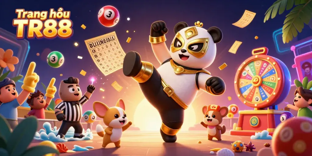 Experience excitement with Trang chủ TR88 as a panda wrestler kicks, while colorful lottery balls bounce in a dynamic casino scene.