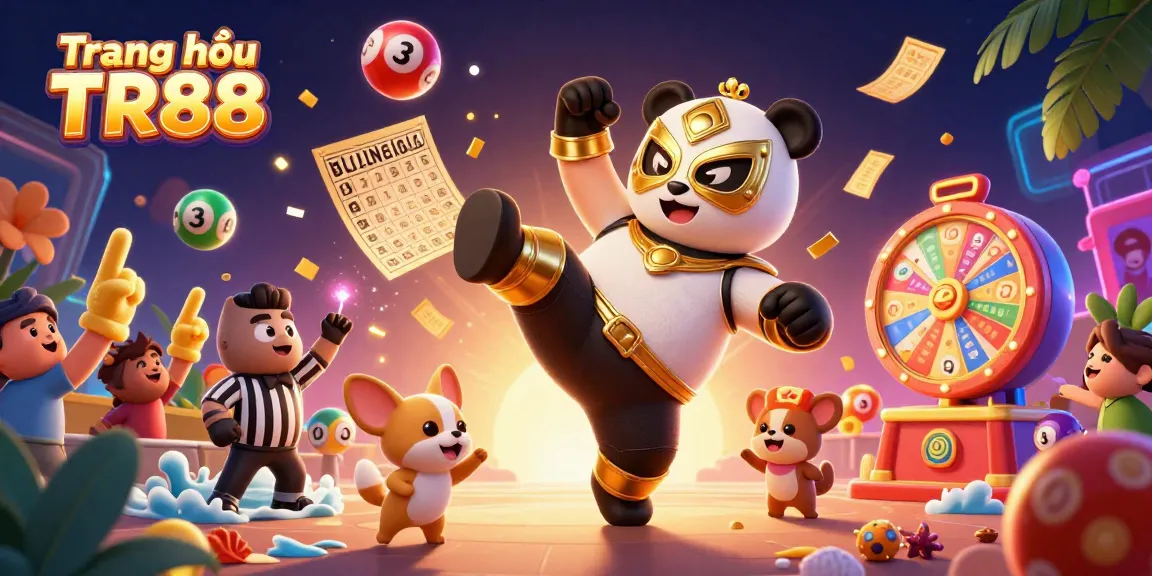 Experience excitement with Trang chủ TR88 as a panda wrestler kicks, while colorful lottery balls bounce in a dynamic casino scene.