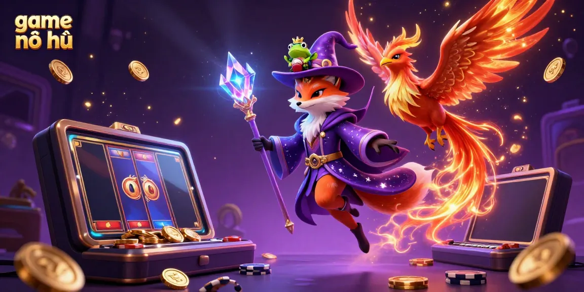 Experience game nổ hũ magic with a charming wizard fox in an enchanting casino-themed illustration.