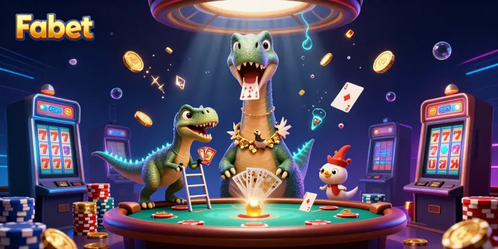 Experience thrilling gameplay at Fabet with a giant brontosaurus above a vibrant casino scene.