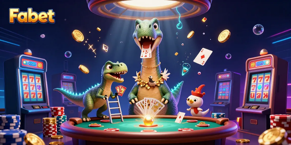 Experience thrilling gameplay at Fabet with a giant brontosaurus above a vibrant casino scene.