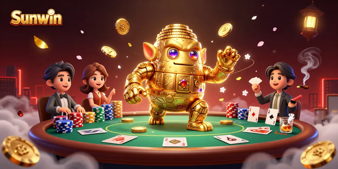 Engage with Sunwin's vibrant casino experience, featuring golden golem and poker elements in an immersive 3D scene.