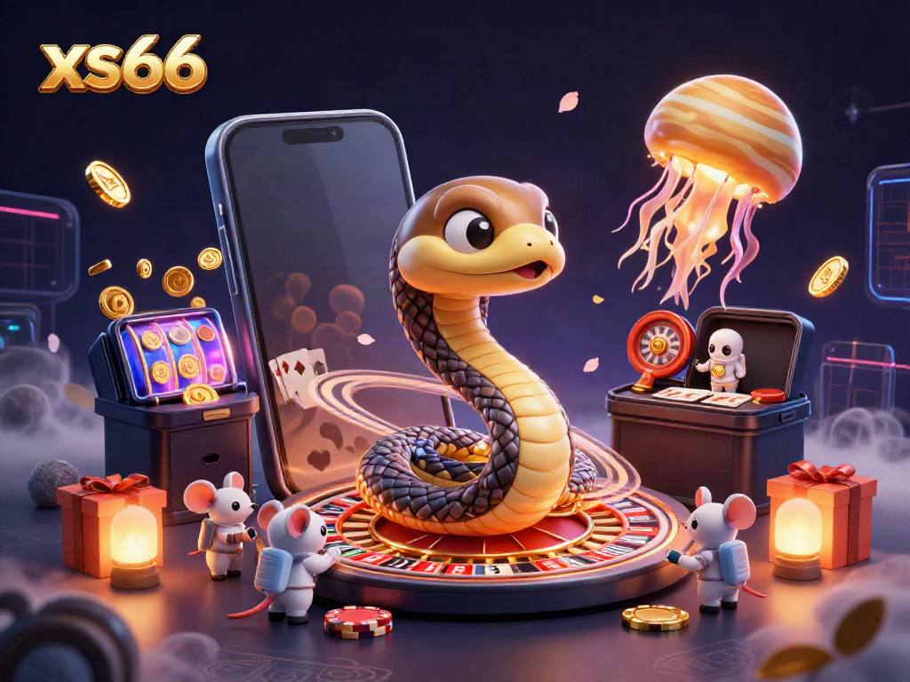 Experience thrilling gameplay with xs66 through a cosmic casino adventure featuring a roulette wheel snake and astronaut mice.