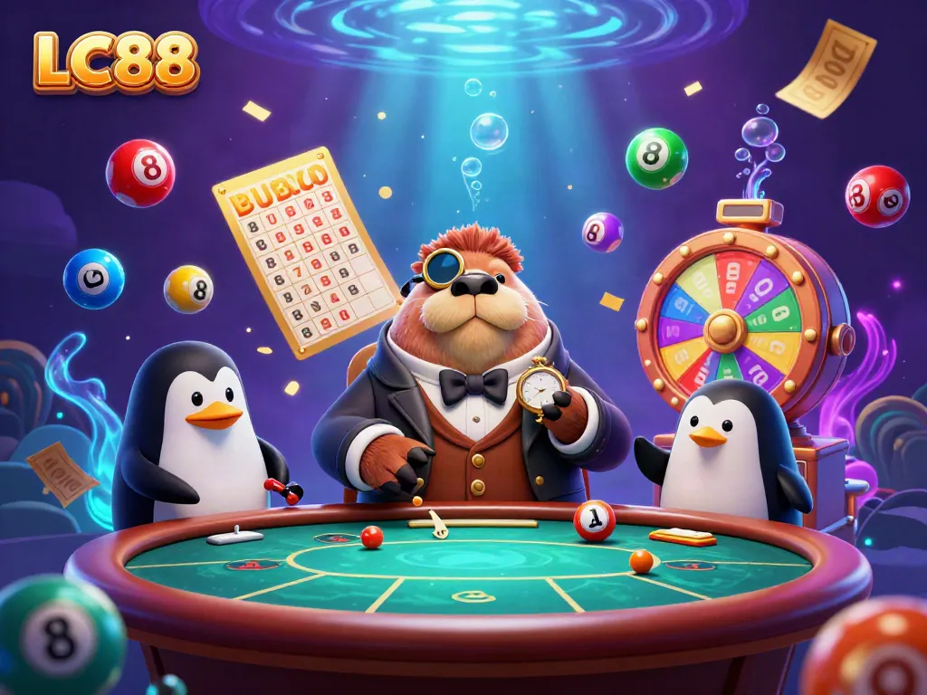 LC88 underwater casino scene with a playful walrus, penguin dealer, and dynamic lottery elements.