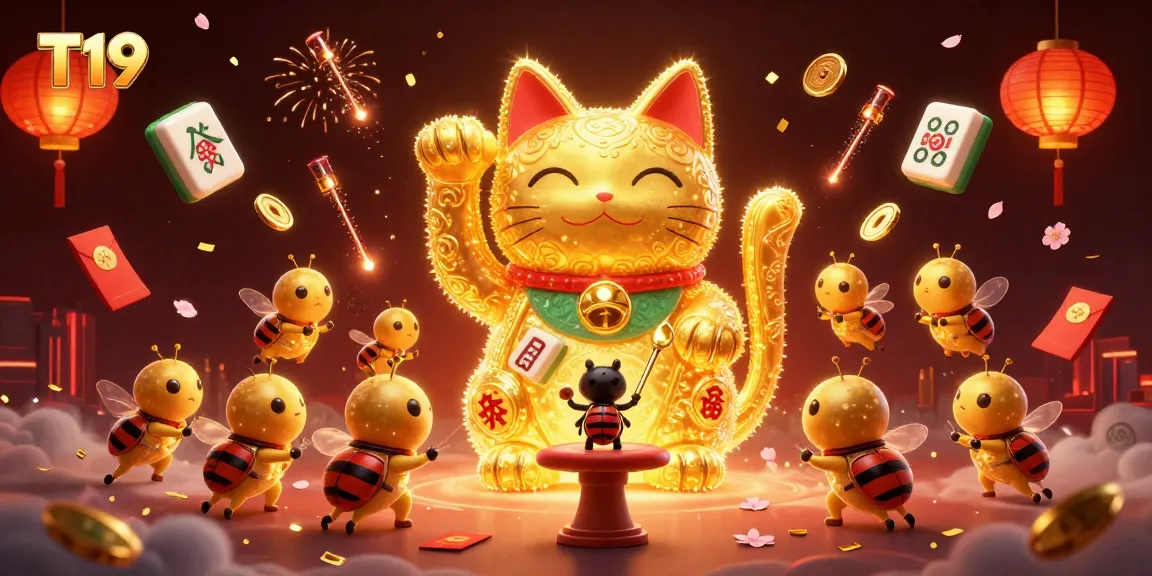 T19 offers a vibrant casino gaming experience featuring a lucky cat and floating game elements.