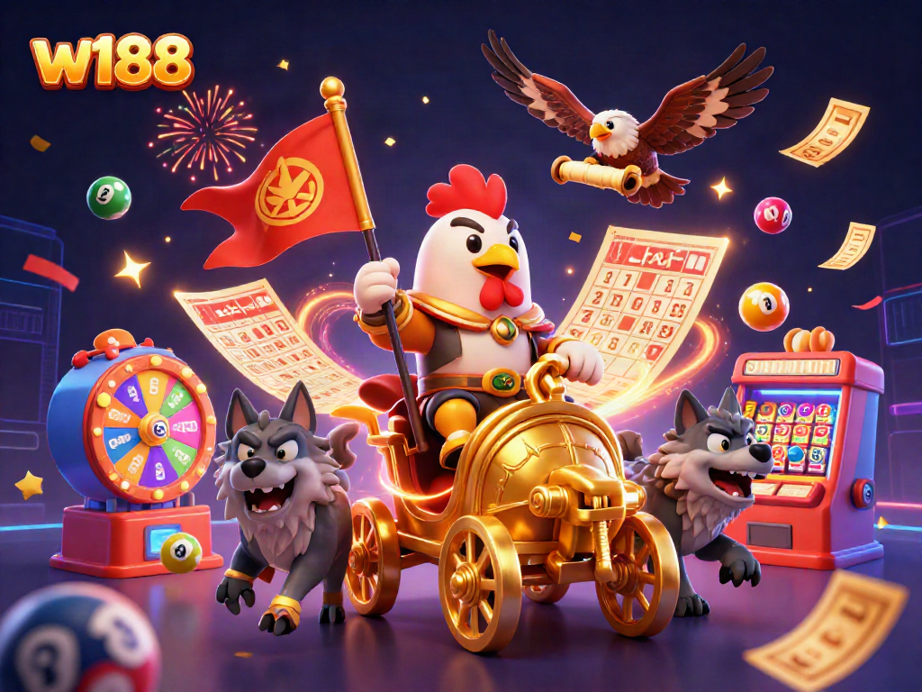 Experience thrilling gameplay at w188 with a 3D rooster warlord amidst vibrant casino symbols.