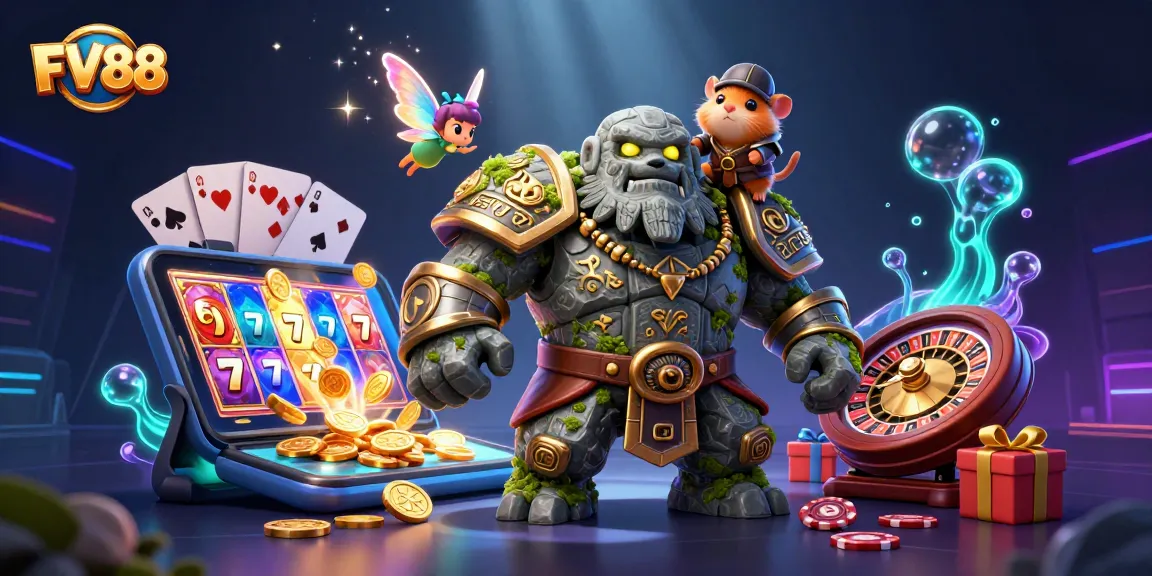 Experience the thrilling games at FV88 featuring a golem guardian, a magical fairy, and a hamster knight.