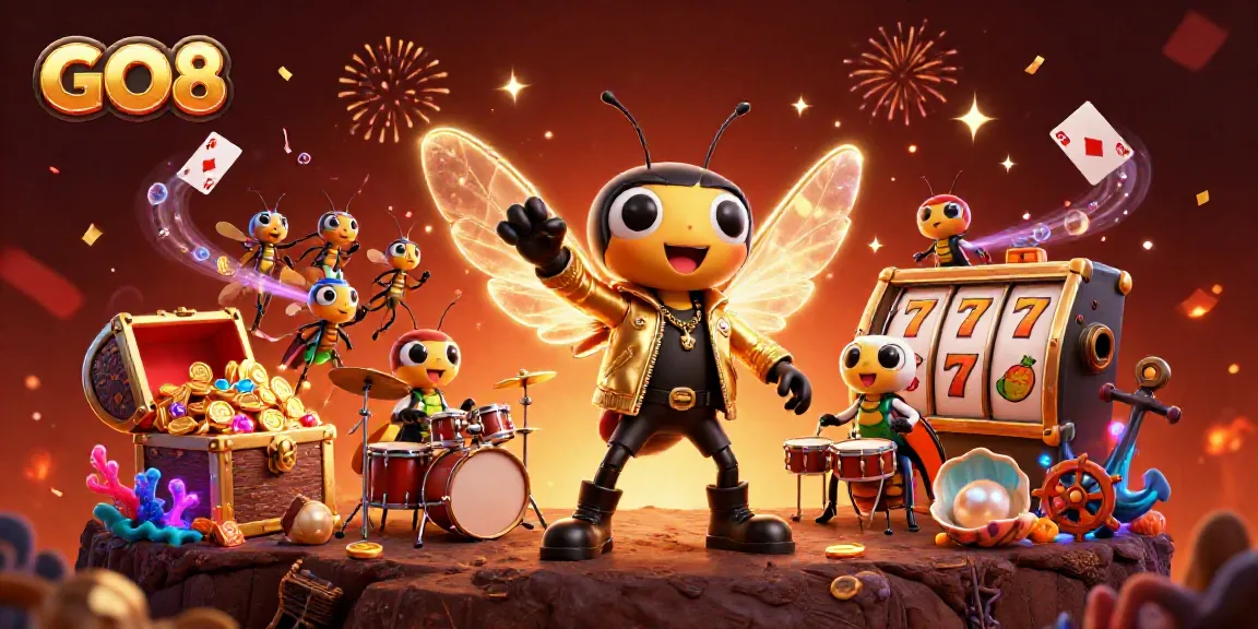 Experience the thrill of GO8 casino with a vibrant 3D cartoon scene of a cicada rock star and slot reels.