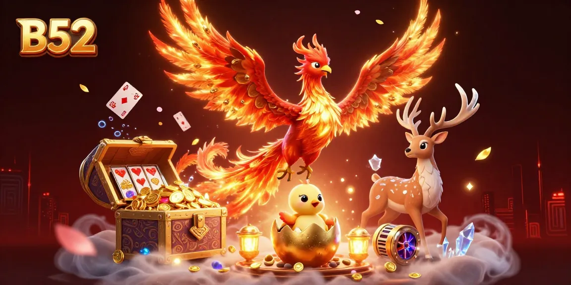Experience the vibrant B52 phoenix soaring amidst a dynamic casino environment with slot reels and treasure elements.