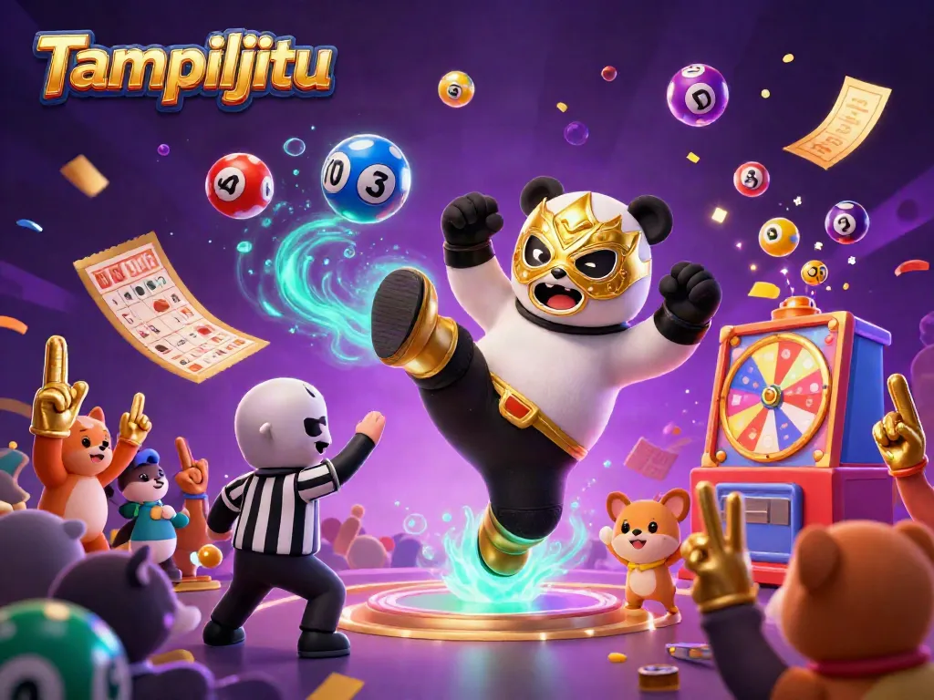 Tampiljitu showcases a lively scene featuring a panda wrestler, vibrant lottery balls, and a cheering crowd.