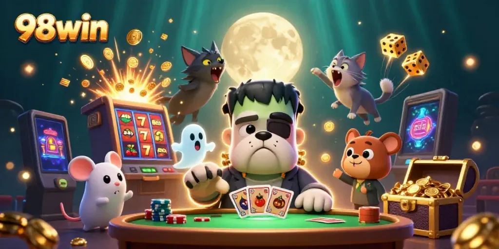 Engage with 98win casino games featuring lively characters and dynamic jackpot elements in an enchanting 3D scene.