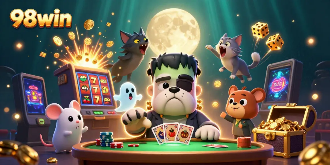 Engage with 98win casino games featuring lively characters and dynamic jackpot elements in an enchanting 3D scene.
