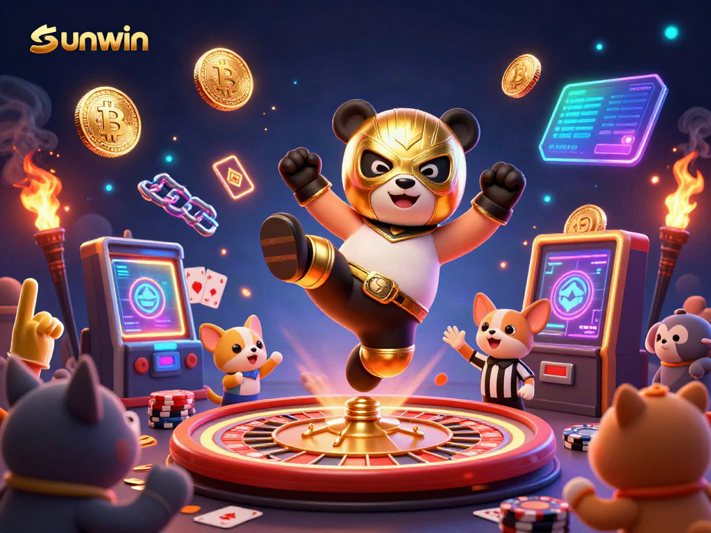 Sunwin-themed dynamic gambling scene with a wrestler panda and animal spectators cheering for casino games.