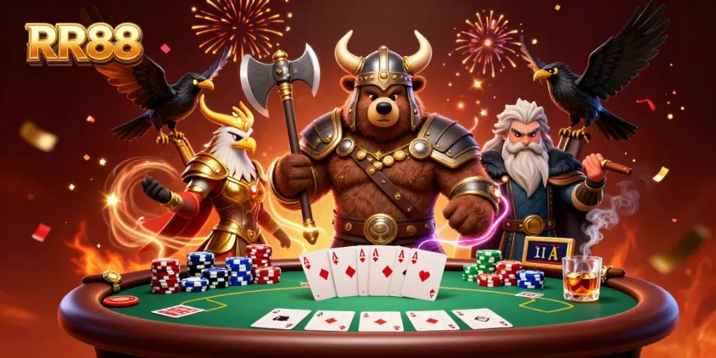 Engage in the thrill of RR88 with Viking and Valkyrie characters at a vibrant poker table.