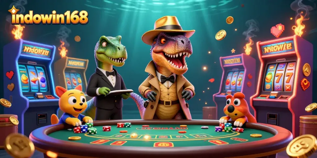 Experience the thrill of indowin168 with a vibrant casino scene featuring dynamic characters.