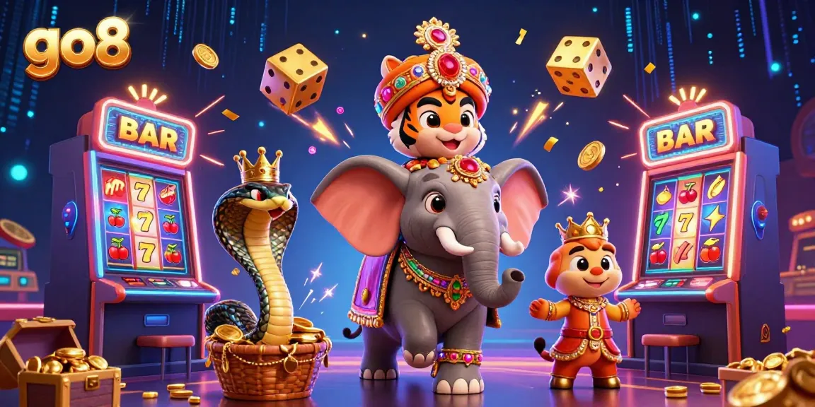 Celebrate wins with go8's vibrant gaming scene showcasing a majestic tiger and lucky symbols.