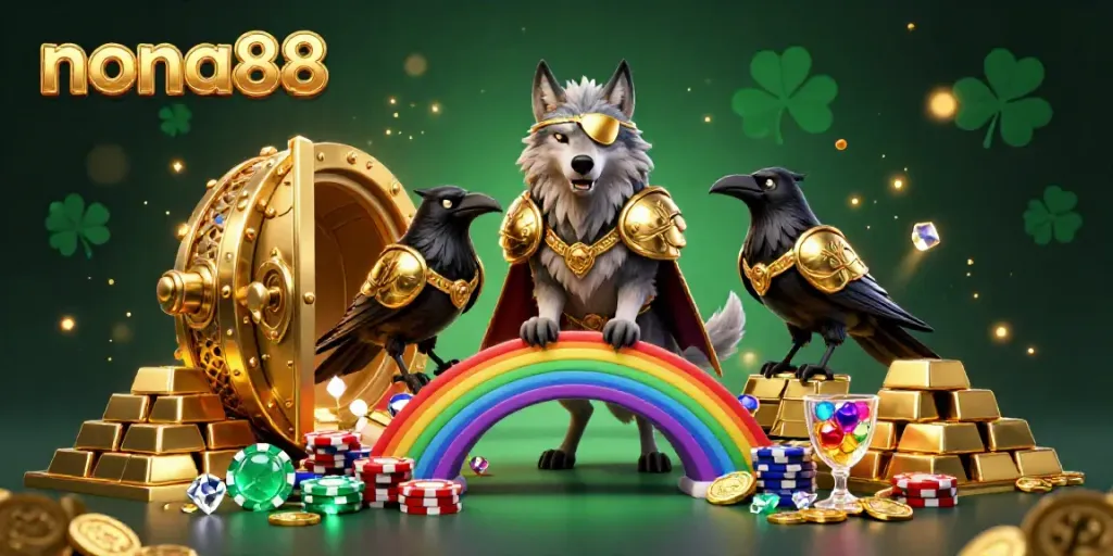 Experience the vibrant energy of nona88 with Odin and ravens amidst lavish casino treasures.