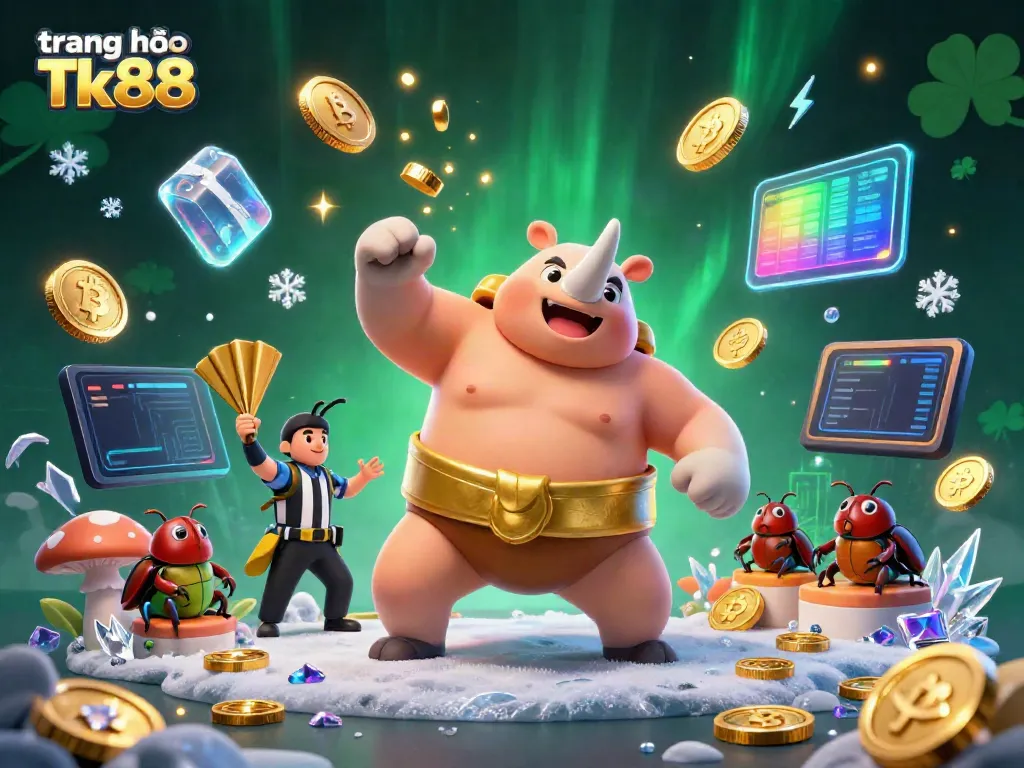 Experience dynamic fun with the trang chủ Tk88 as a beetle champion stomps coins flying amidst a colorful casino scene.