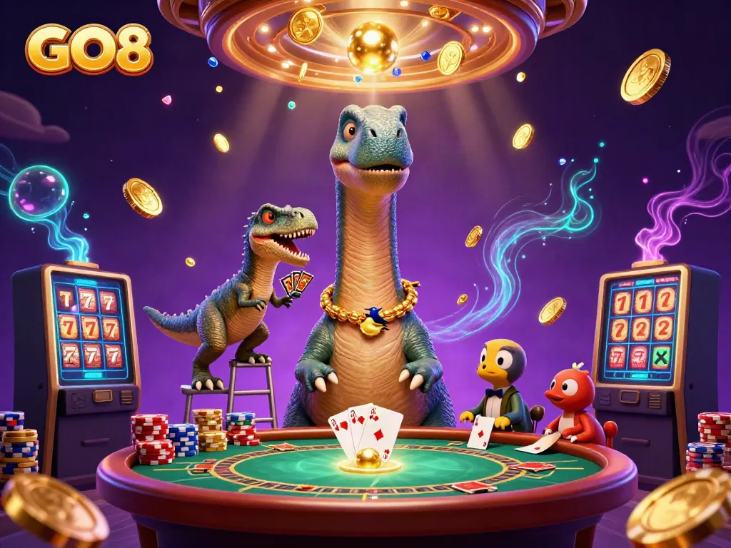 GO8 showcases an exciting 3D cartoon casino scene with a towering dinosaur and vibrant game elements.