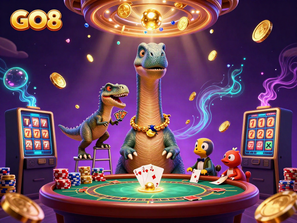 GO8 showcases an exciting 3D cartoon casino scene with a towering dinosaur and vibrant game elements.