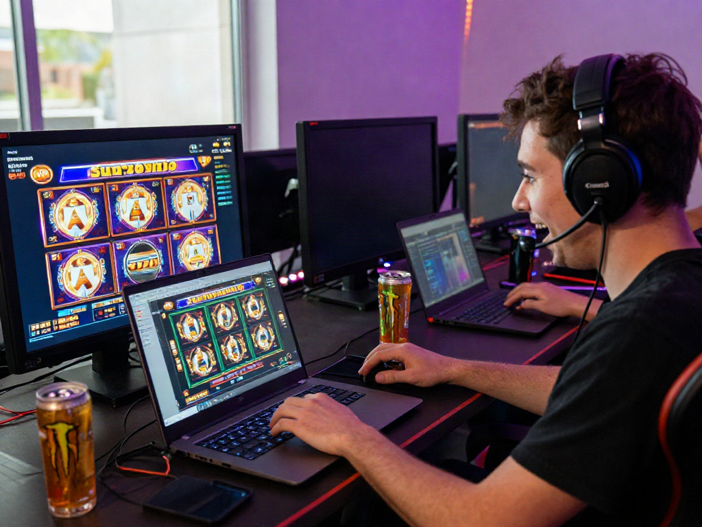 Engaged gamer playing slot777 online with multiple screens and vibrant graphics in a cozy room.