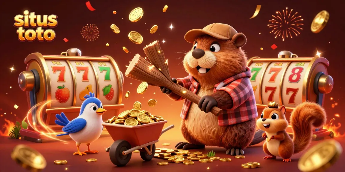 Karakter situs toto menampilkan beaver pemotong pohon dengan koin emas, simbol mesin slot, dan efek kembang api.