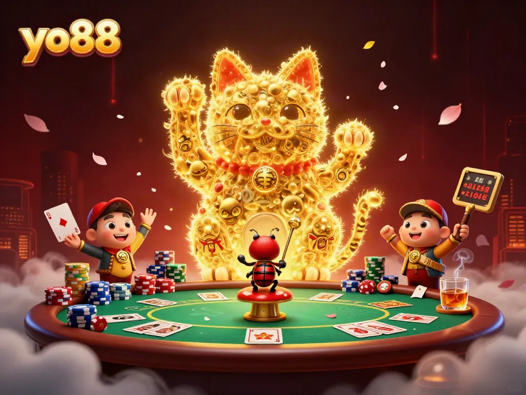 yo88 showcases a vibrant casino scene filled with golden fireflies and rich gaming elements for players.