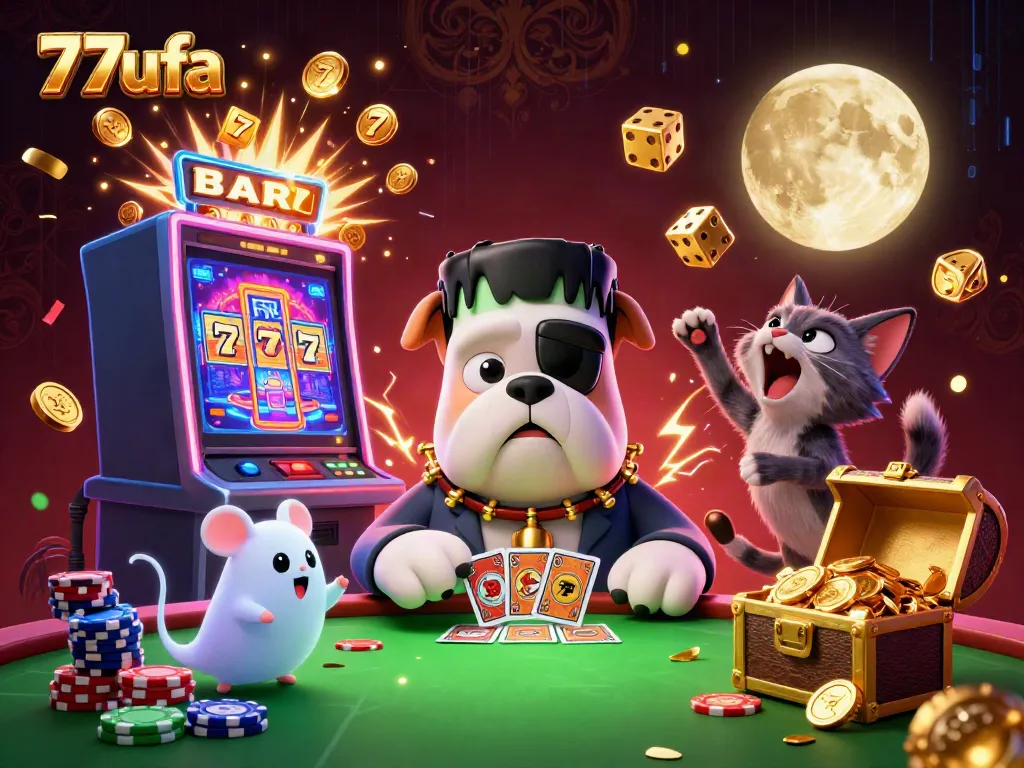 77ufa brings excitement with a 3D cartoon monster dealing casino cards at a vibrant gaming table.