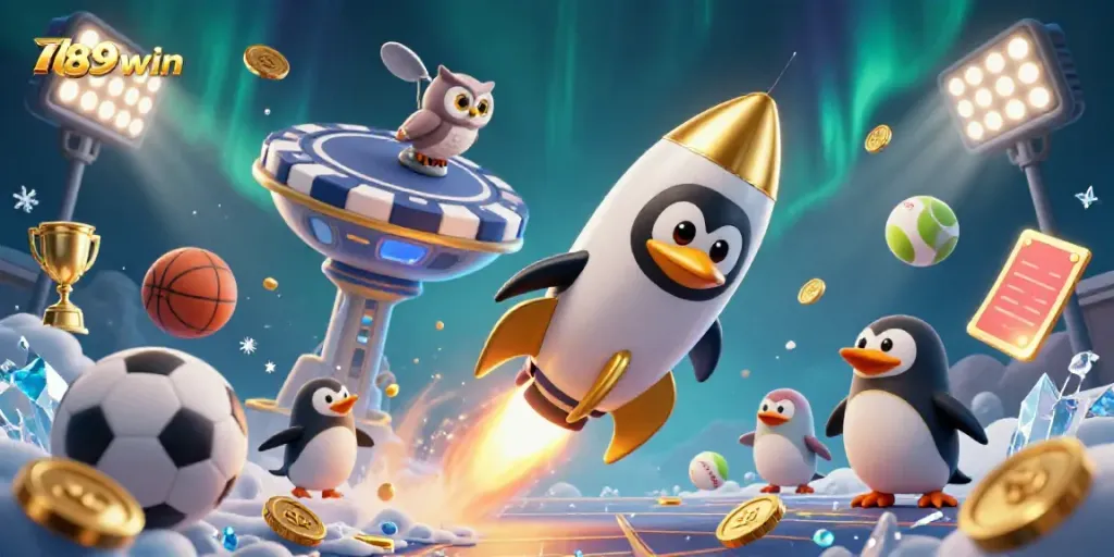 Experience the thrilling journey of 789win with a golden penguin soaring through a vibrant casino universe.