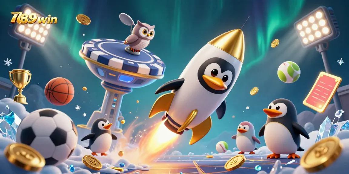 Experience the thrilling journey of 789win with a golden penguin soaring through a vibrant casino universe.