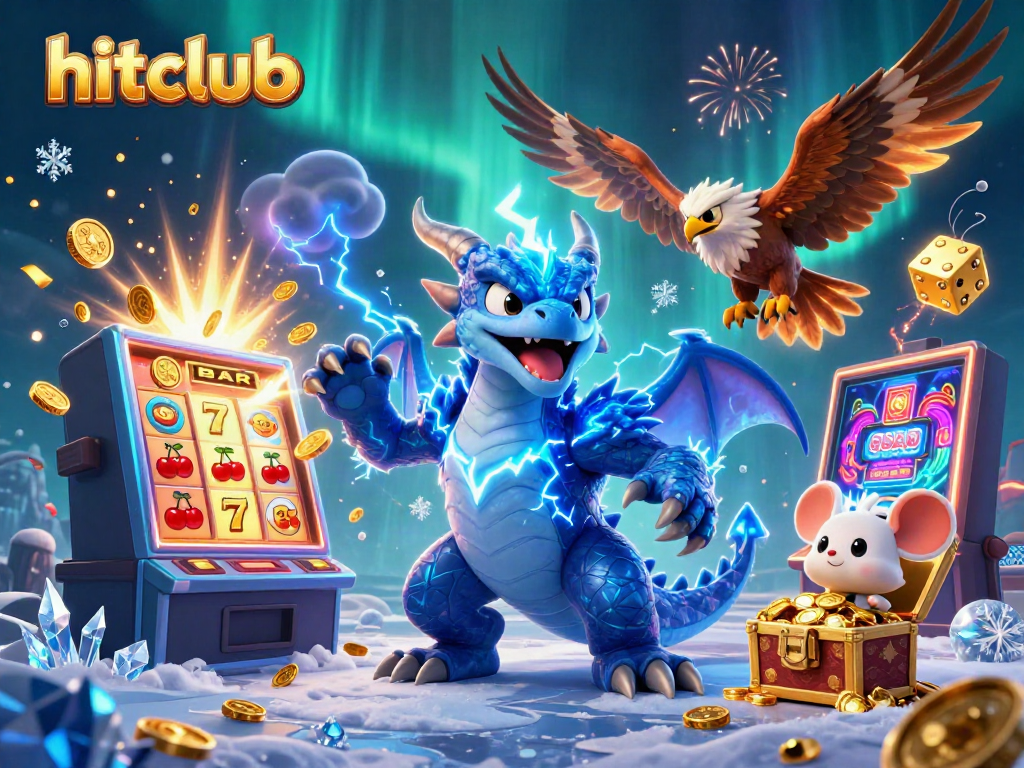 Experience the thrill of hitclub with a dynamic 3D casino scene packed with slots, coins, and vibrant characters.