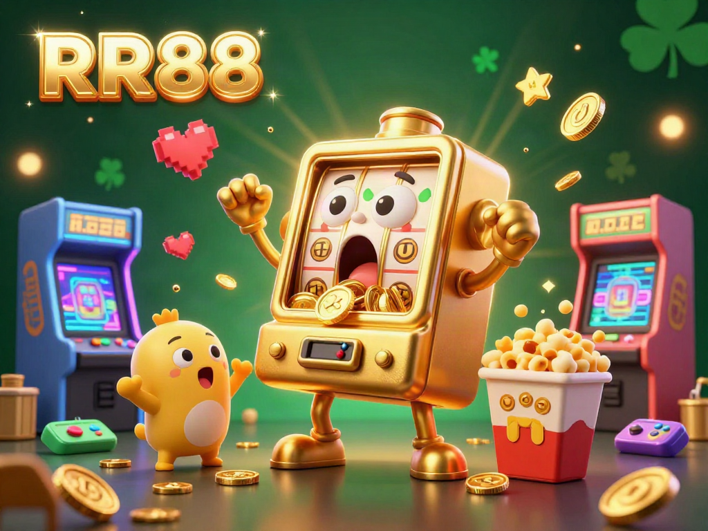 RR88 showcases a golden slot machine hitting a jackpot, surrounded by cheerful baby slots and casino elements.