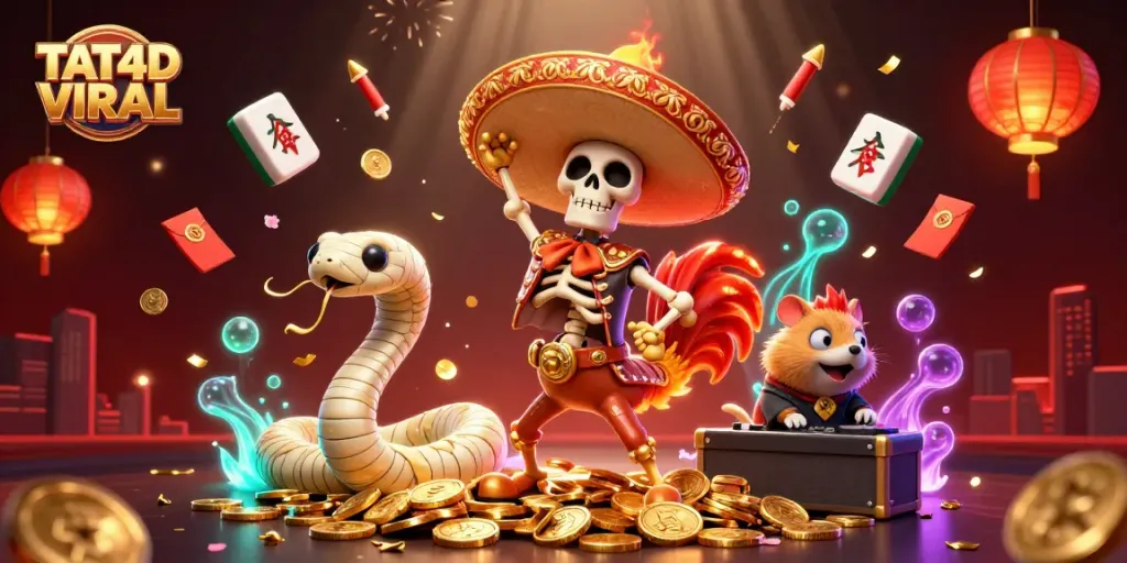 Engaging TAT4D VIRAL scene with a mariachi rooster and mystical elements representing luck and excitement in online gaming.