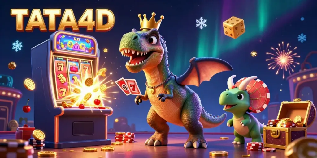 Engage in thrilling TATA4D casino action with a 3D cartoon T-Rex juggling cards amidst an explosion of coins and lucky symbols.