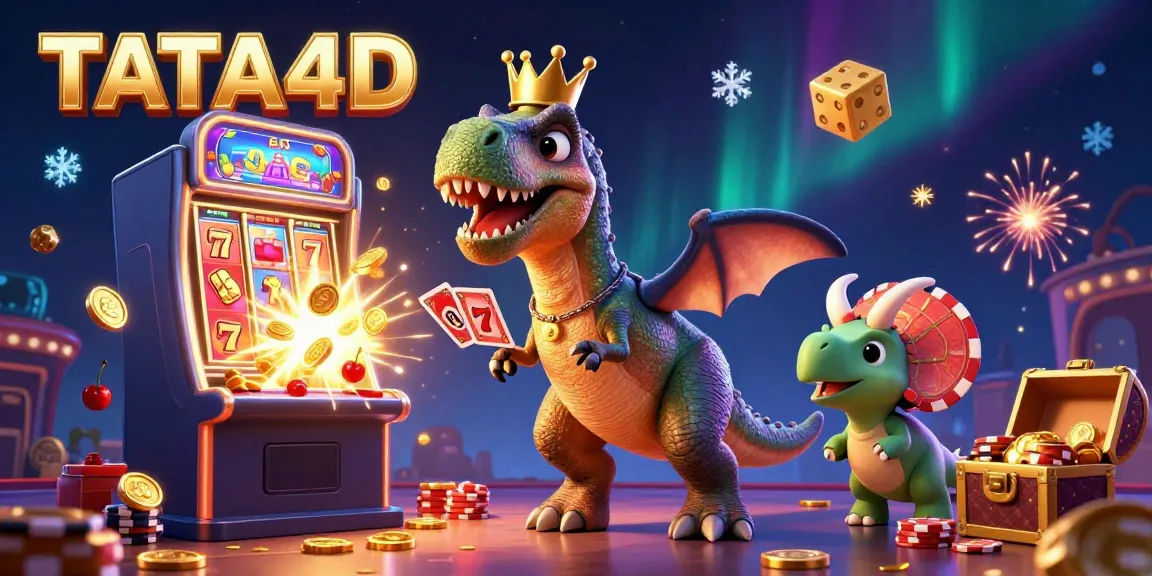 Engage in thrilling TATA4D casino action with a 3D cartoon T-Rex juggling cards amidst an explosion of coins and lucky symbols.